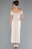Gold Satin Boat Neck Stone Midi Evening Dress ABK2212