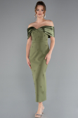 Olive Drab Satin Boat Neck Stone Midi Evening Dress ABK2212