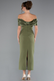 Olive Drab Satin Boat Neck Stone Midi Evening Dress ABK2212