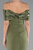Olive Drab Satin Boat Neck Stone Midi Evening Dress ABK2212