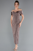 Brown Satin Boat Neck Stone Midi Evening Dress ABK2212