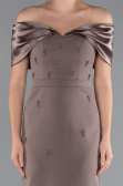 Brown Satin Boat Neck Stone Midi Evening Dress ABK2212