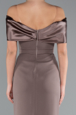 Brown Satin Boat Neck Stone Midi Evening Dress ABK2212