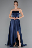 Long Navy Blue Satin Prom Gown ABU5023