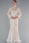 Long Beige Beaded Hijab Dress ABU5056