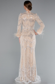 Long Beige Beaded Hijab Dress ABU5056