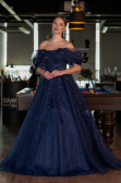 Navy Blue Boat Neck Embroidered Long Special Design Princess Dress ABU4720