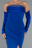 Sax Blue Strapless Sleeve Accessory Slit Mermaid Prom Dress ABU4637