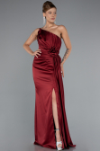 Burgundy Strapless Slit Long Satin Evening Dress ABU4174