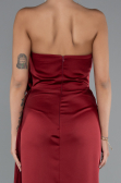 Burgundy Strapless Slit Long Satin Evening Dress ABU4174