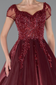 Burgundy Short Sleeve Stone Special Design Evening Dress ABU4449