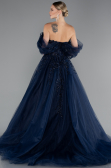 Navy Blue Boat Neck Embroidered Long Special Design Princess Dress ABU4720
