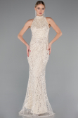 Beige Halter Neck Long Beaded Mermaid Evening Gown ABU4791