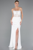 White Strapless Lace Appliqued Slit Long Evening Gown ABU5001