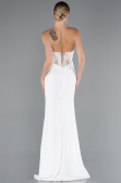 White Strapless Lace Appliqued Slit Long Evening Gown ABU5001