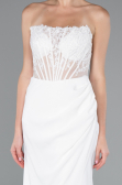 White Strapless Lace Appliqued Slit Long Evening Gown ABU5001