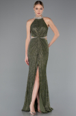 Olive Drab Halter Neck Slit Long Evening Gown ABU4324