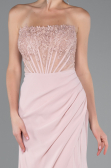 Powder Color Strapless Lace Appliqued Slit Long Evening Gown ABU5001