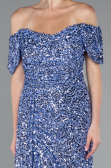 Indigo Boat Neck Slit Long Sequin Evening Gown ABU4843