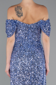 Indigo Boat Neck Slit Long Sequin Evening Gown ABU4843