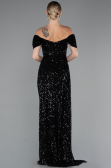 Black Boat Neck Slit Long Sequin Evening Gown ABU4843