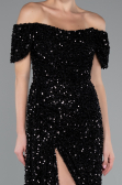 Black Boat Neck Slit Long Sequin Evening Gown ABU4843