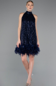 Navy Blue Halter Neck Feathered Skirt Sequined Party Dress ABK2348