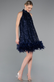 Navy Blue Halter Neck Feathered Skirt Sequined Party Dress ABK2348