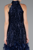 Navy Blue Halter Neck Feathered Skirt Sequined Party Dress ABK2348