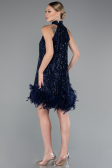 Navy Blue Halter Neck Feathered Skirt Sequined Party Dress ABK2348