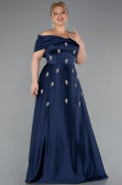 Long Navy Blue Satin Formal Plus Size Dress ABU5072