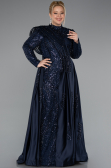 Long Navy Blue Beaded Plus Size Hijab Dress ABU5083