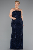 Long Navy Blue Beaded Plus Size Evening Gown ABU5010