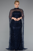 Long Navy Blue Beaded Plus Size Evening Gown ABU5010