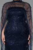 Long Navy Blue Beaded Plus Size Evening Gown ABU5010