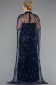 Long Navy Blue Beaded Plus Size Evening Gown ABU5010