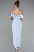 Light Blue Satin Boat Neck Stone Midi Evening Dress ABK2212