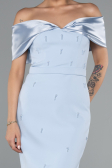 Light Blue Satin Boat Neck Stone Midi Evening Dress ABK2212