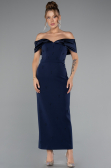 Navy Blue Satin Boat Neck Stone Midi Evening Dress ABK2212