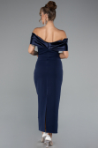 Navy Blue Satin Boat Neck Stone Midi Evening Dress ABK2212