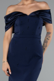 Navy Blue Satin Boat Neck Stone Midi Evening Dress ABK2212