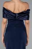 Navy Blue Satin Boat Neck Stone Midi Evening Dress ABK2212