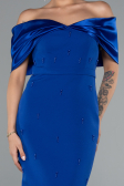 Sax Blue Satin Boat Neck Stone Midi Evening Dress ABK2212
