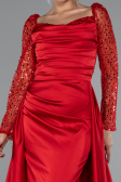 Red Sequin Long Sleeves Tail Satin Mermaid Evening Gown ABU4332