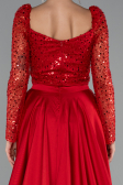 Red Sequin Long Sleeves Tail Satin Mermaid Evening Gown ABU4332