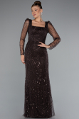 Dark Brown Long Sleeve Stone Embellished Satin Train Evening Dress ABU4603