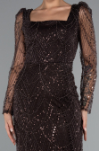 Dark Brown Long Sleeve Stone Embellished Satin Train Evening Dress ABU4603
