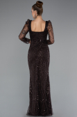 Dark Brown Long Sleeve Stone Embellished Satin Train Evening Dress ABU4603