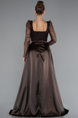 Dark Brown Long Sleeve Stone Embellished Satin Train Evening Dress ABU4603
