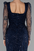 Navy Blue Long Sleeve Square Neckline Beaded Portable Tails Evening Gown ABU4603
